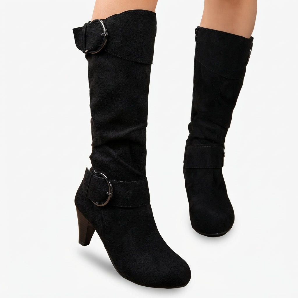 Slouch Knee High Heeled Boots, Buckle Detail Side Zip