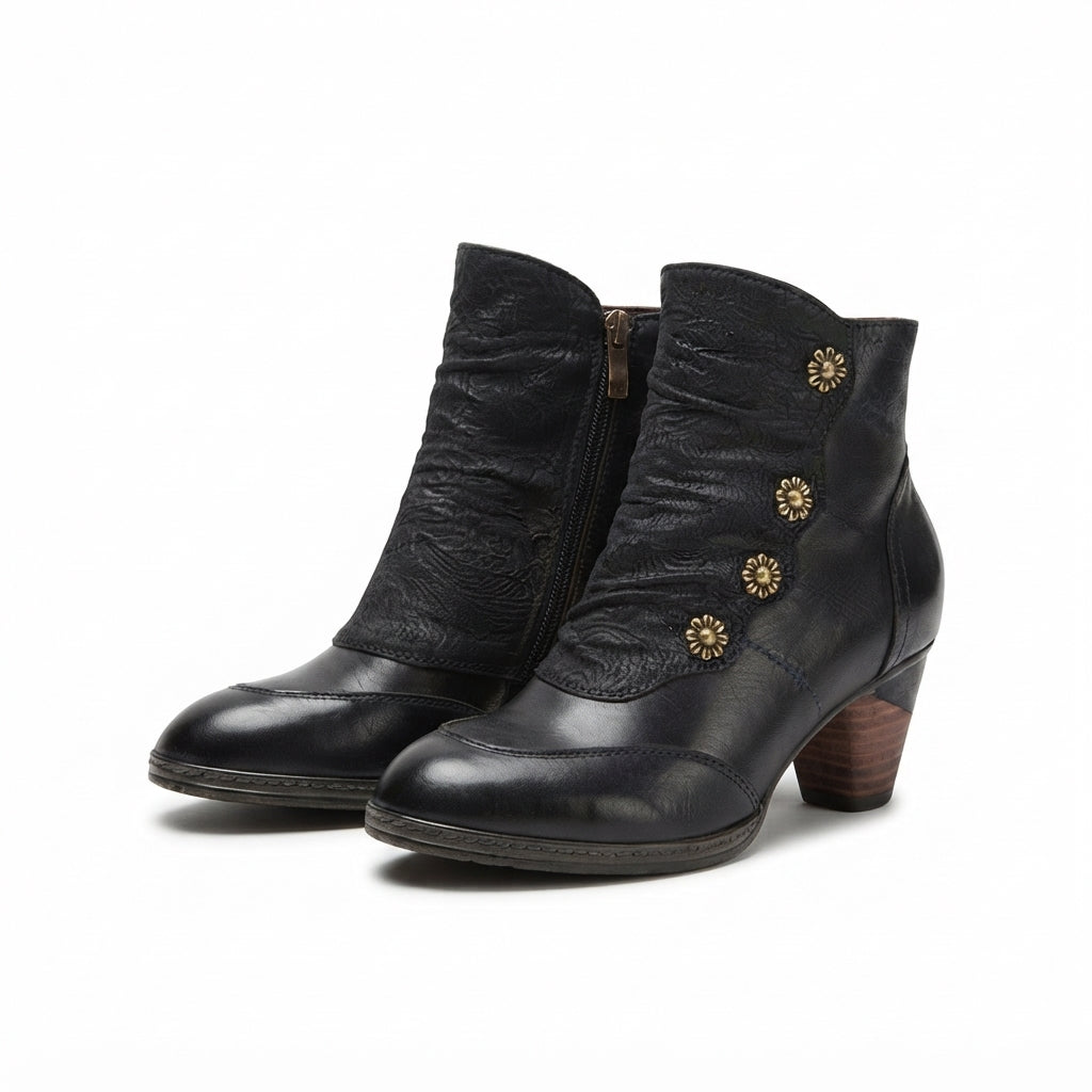 Leather Ankle Boots, Floral Button Block Heel Style
