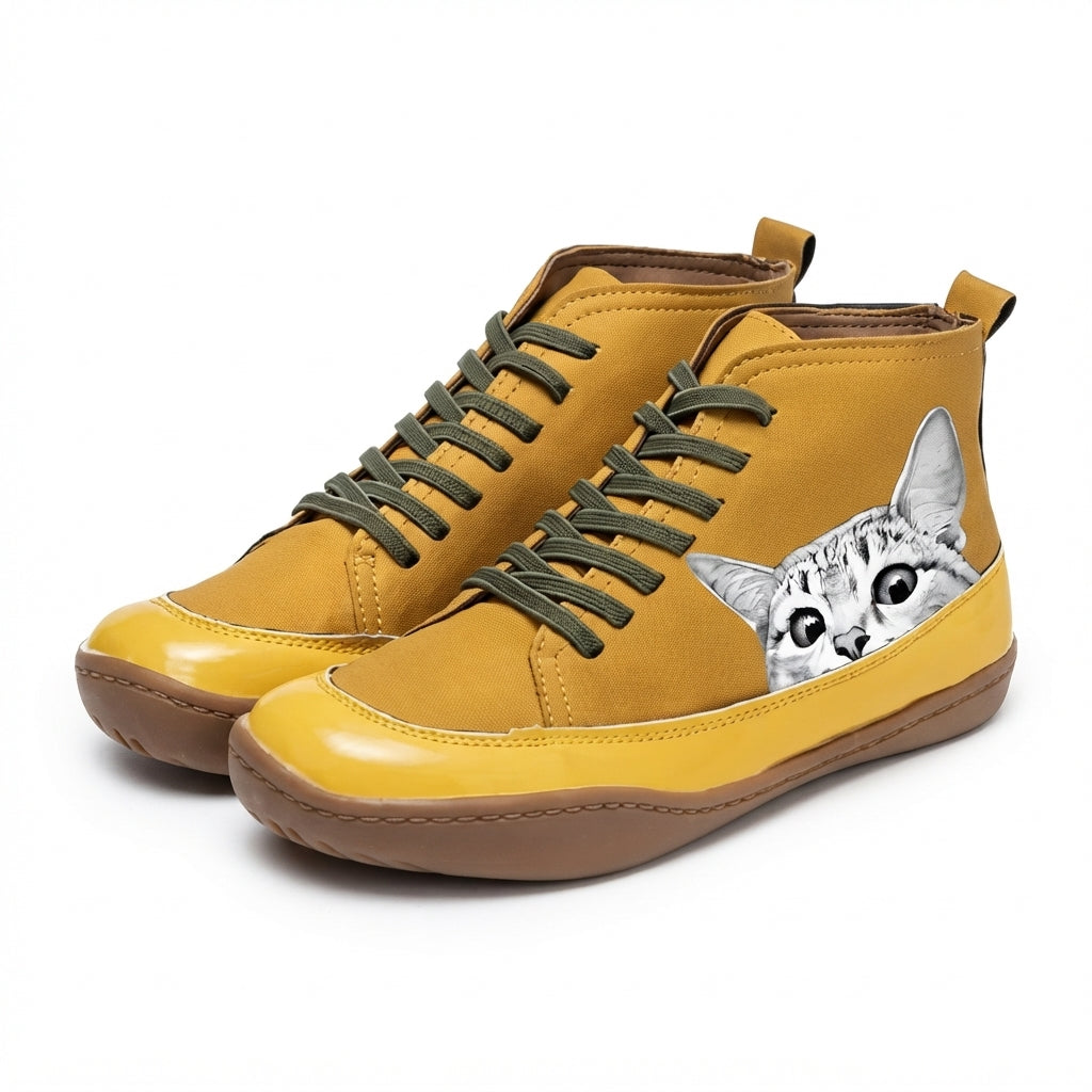 Cat Print Ankle Boots, Plush Lined Cushioned Insole