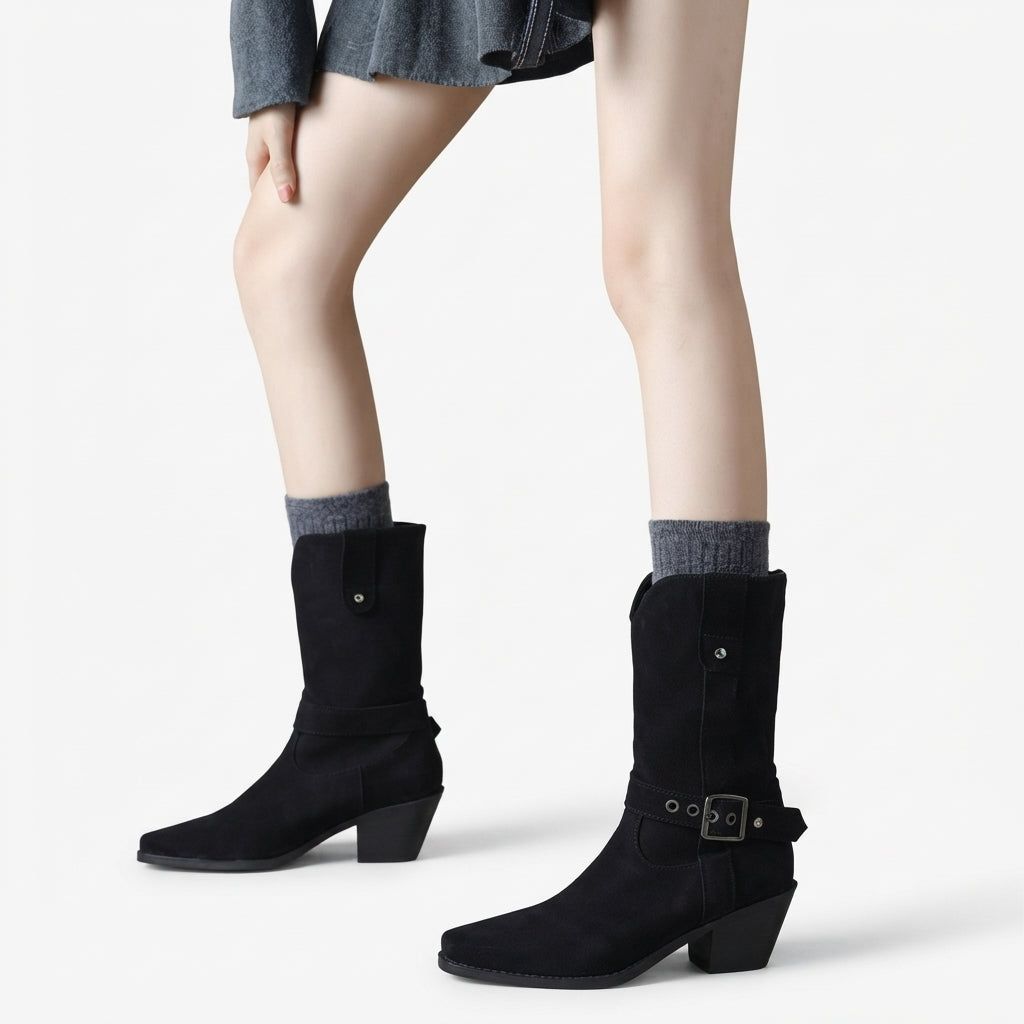 Mid-Calf Cowboy Boots, Buckled Faux Suede Western Heel