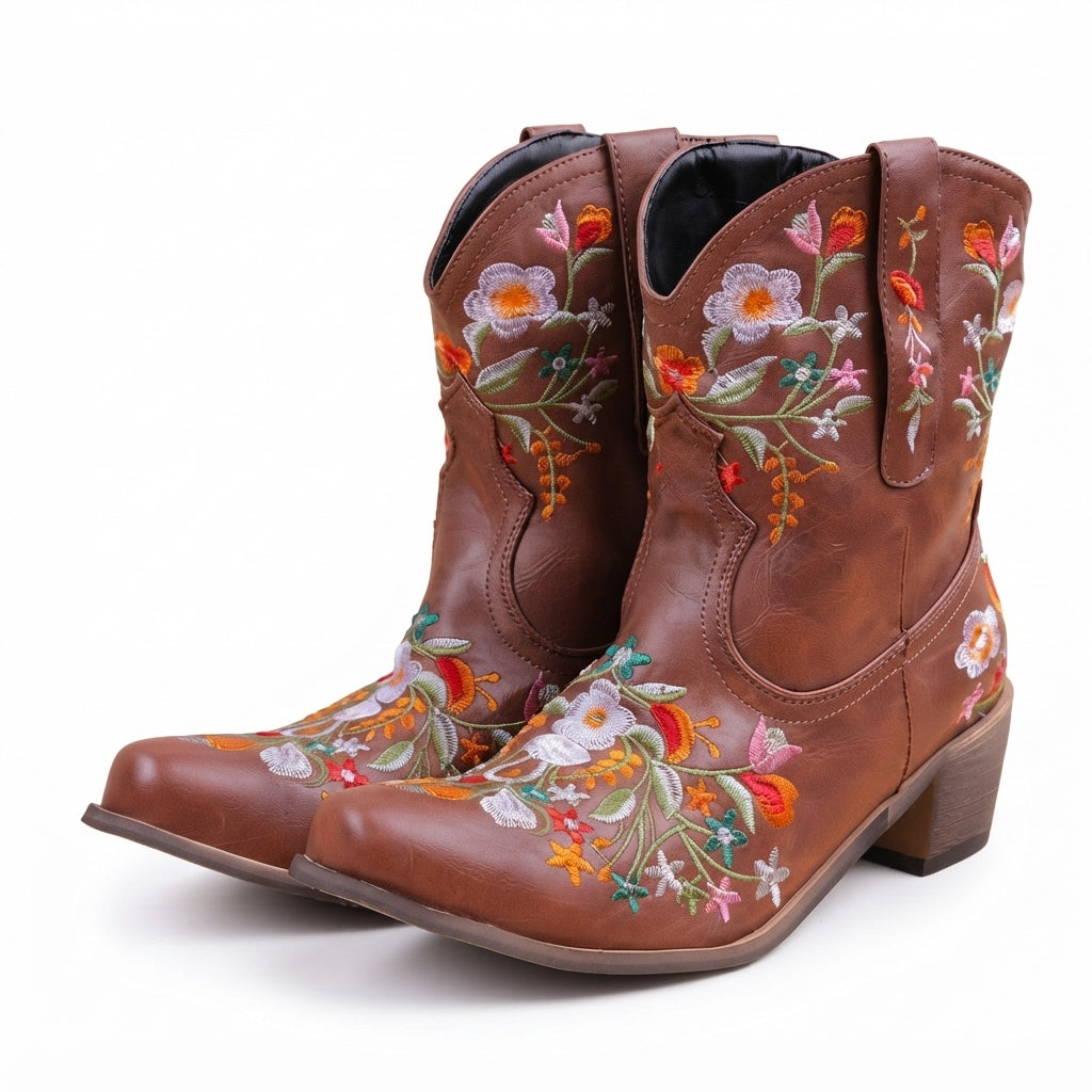Waterproof Leather Cowboy Boots, Floral Embroidered