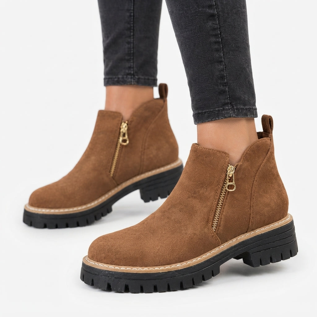 Suede Side Zip Ankle Boots, Chunky Lug Sole Low Heel