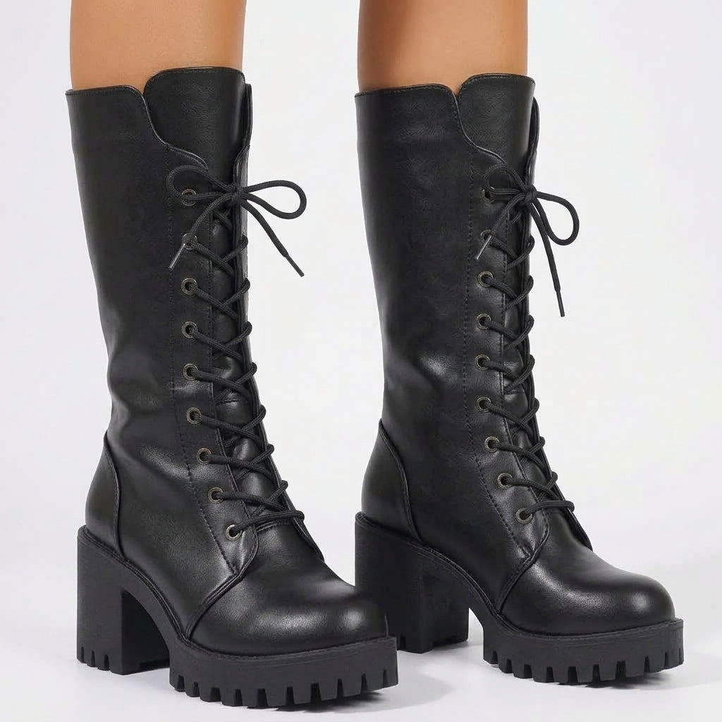 Platform Combat Boots, Vegan Leather Lace-Up Lug Sole