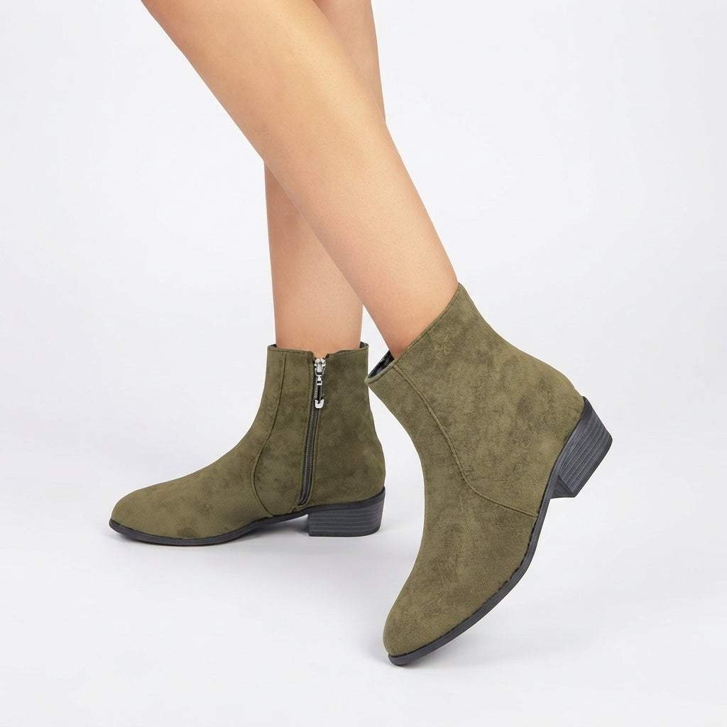 Suede Look Ankle Boots, Low Block Heel Side Zip Fit
