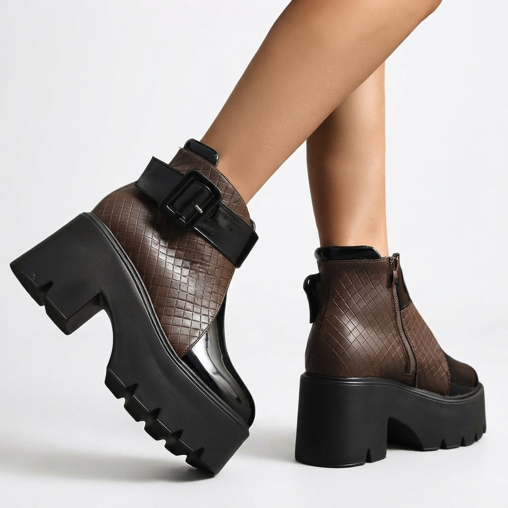 Platform Ankle Boots, Woven Faux Leather Buckle Strap