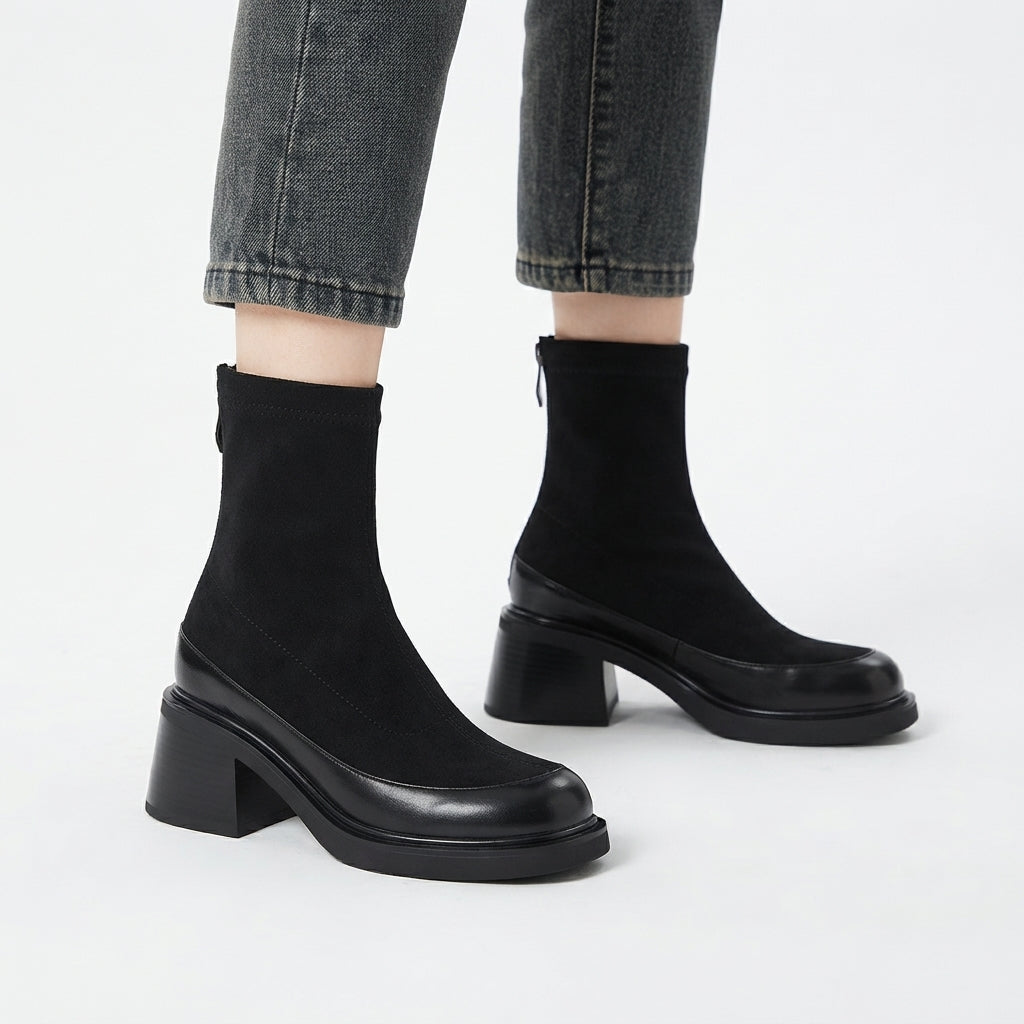 Square Toe Suede Ankle Boots, Stacked Mid Heel Zip