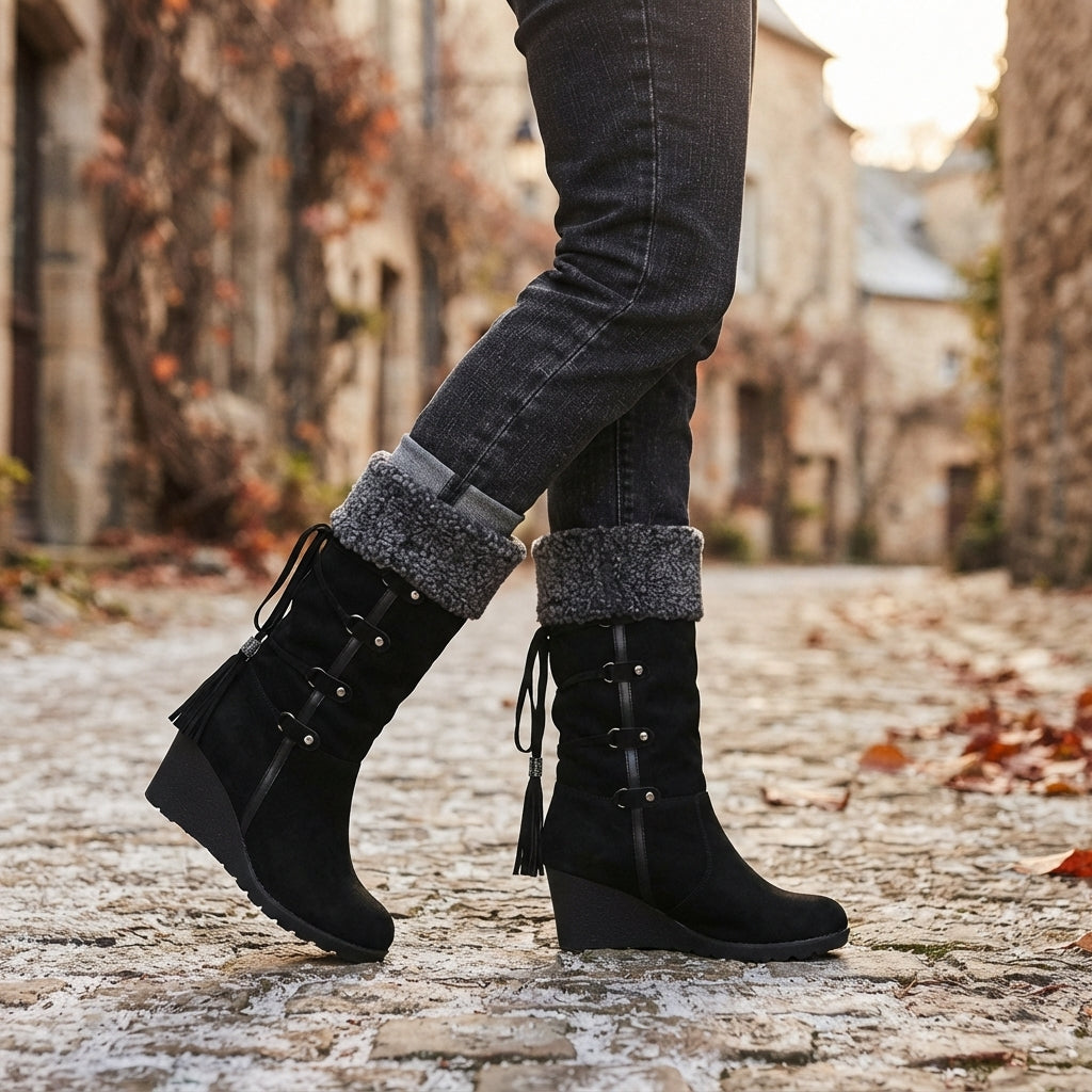 Faux Shearling Knee High Boots, Wedge Platform Sole