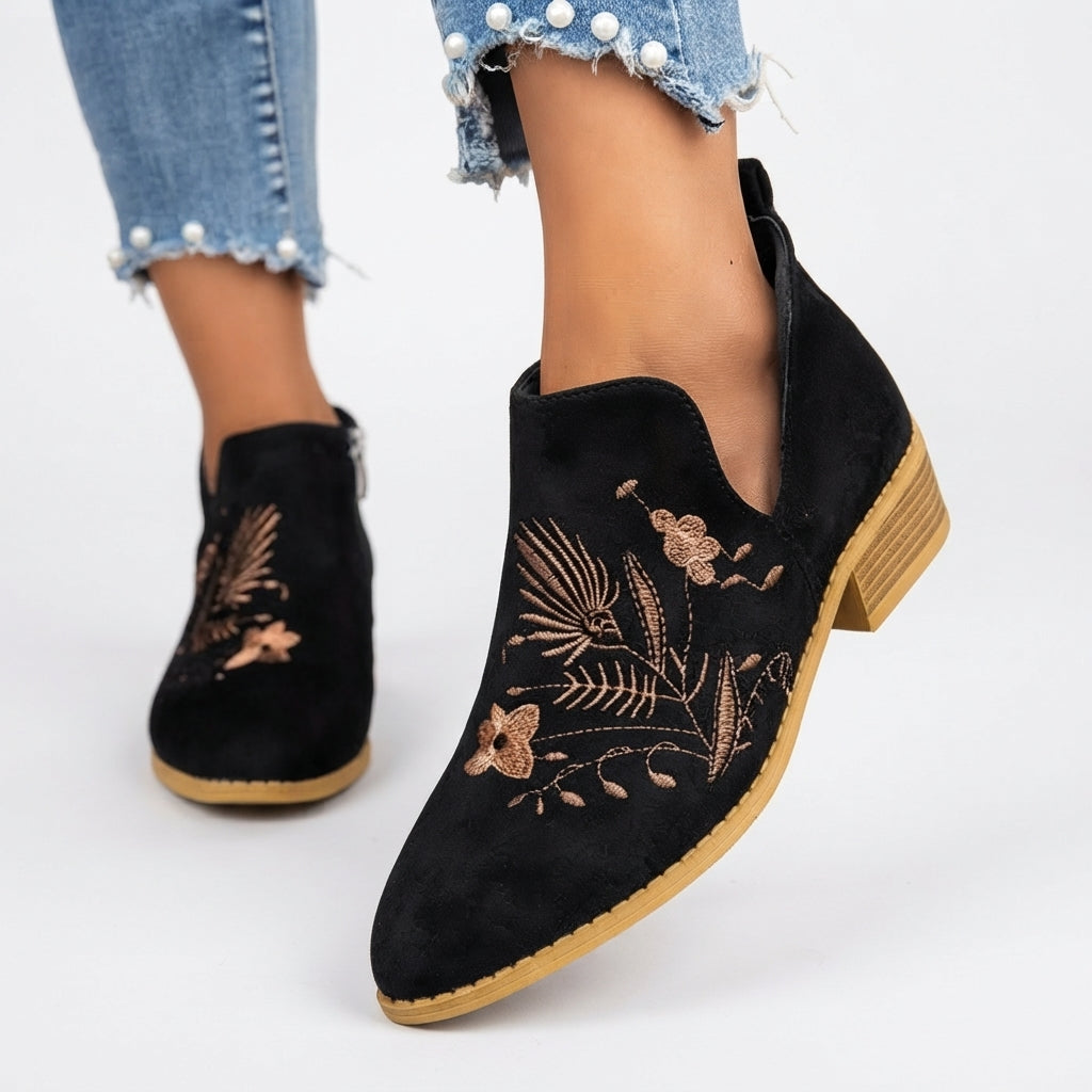 Embroidered Suede Ankle Boots, Low Block Heel Shape