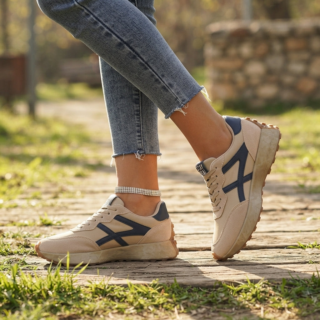 Retro Lace-Up Trainers, Cushioned Non-Slip Walking Sole