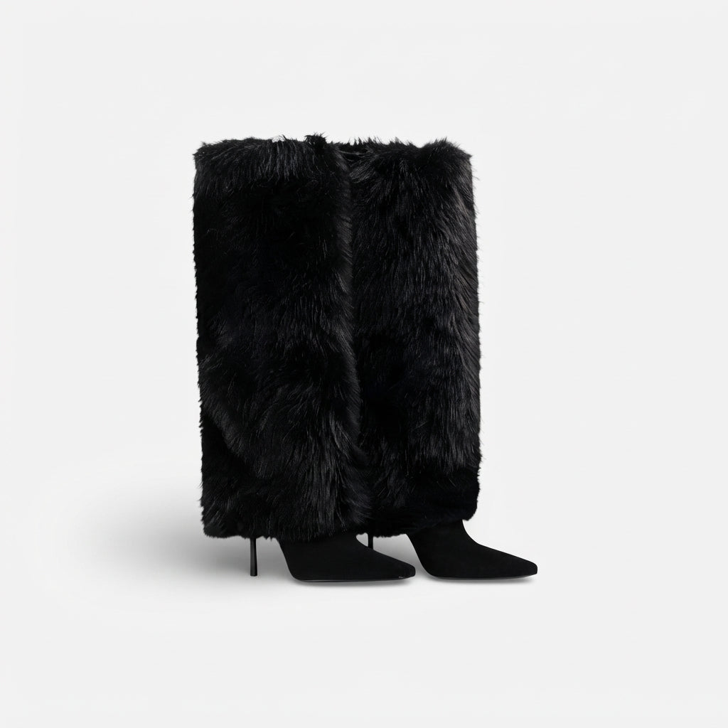 Faux Fur Knee High Boots, Stiletto Heel Pointed Toe