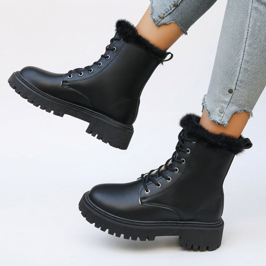 Faux Fur Lined Combat Boots, Lace Up Chunky Lug Sole