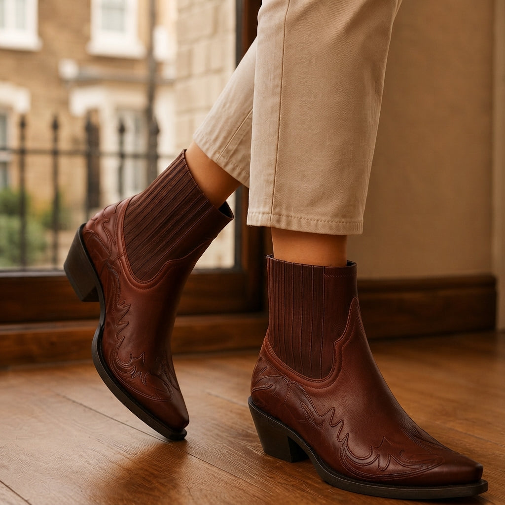 Leather Cowboy Ankle Boots, Pointed Toe Block Heel