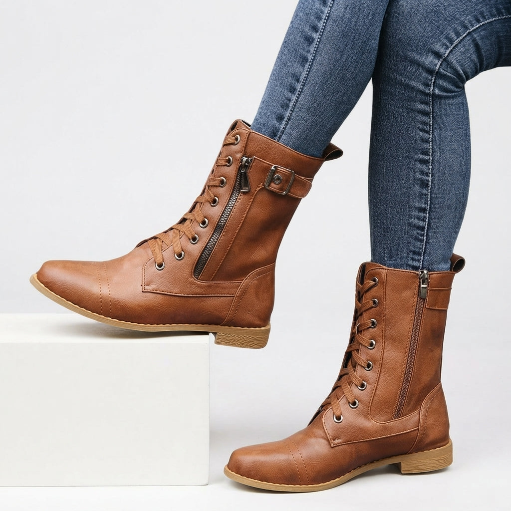 Faux Leather Biker Boots, Arch Support Buckle Strap