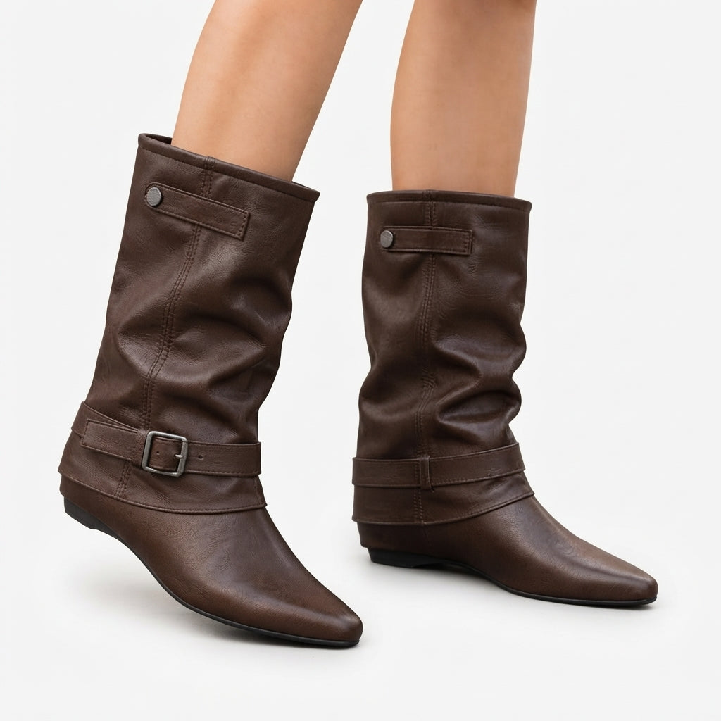 Slouch Boots with Buckle Strap and Hidden Wedge Heel