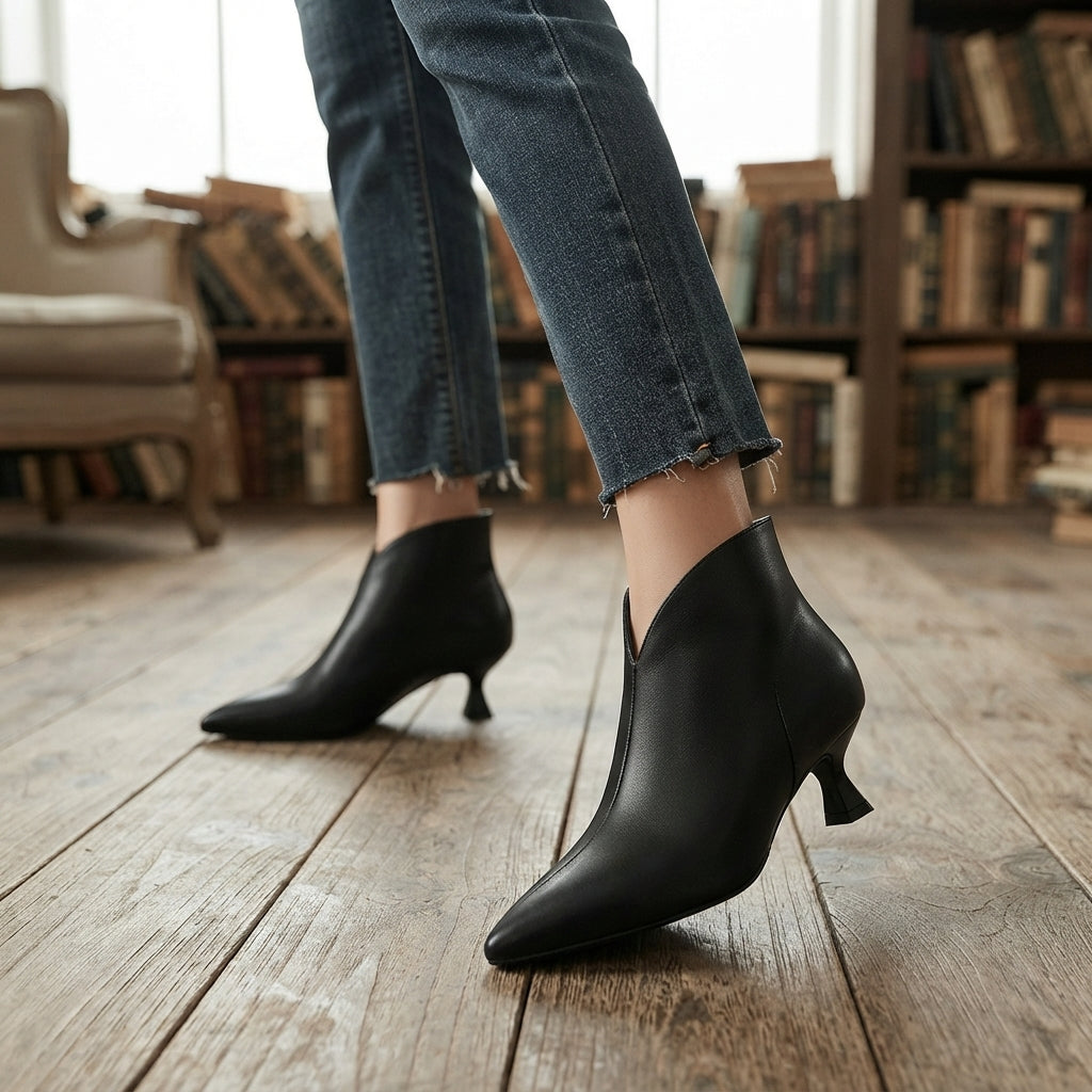 Kitten Heel Ankle Boots, Pointed Toe Back Zip Closure