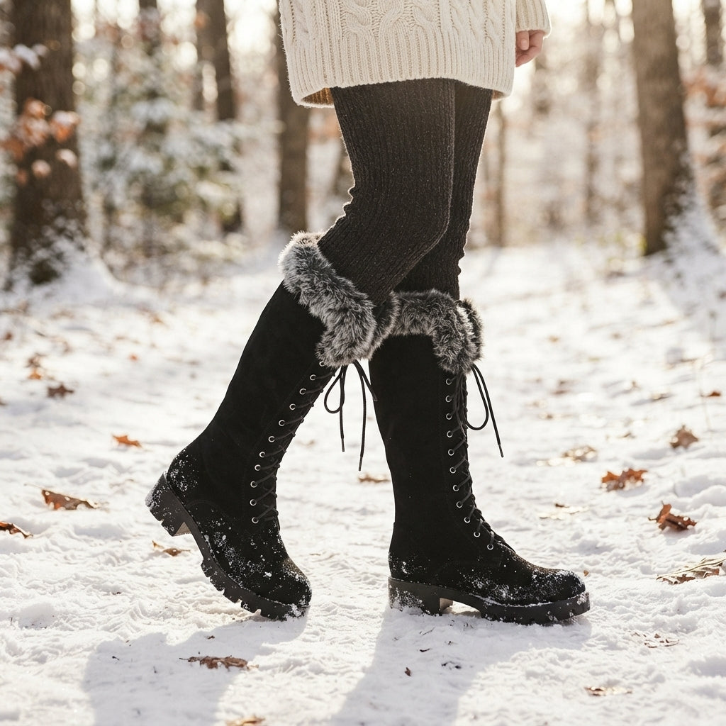 Faux Fur Trim Knee High Boots, Lace Up Lug Sole Pair