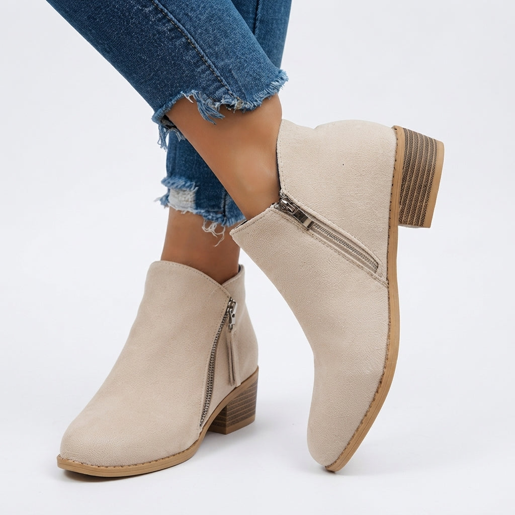 Round Toe Ankle Boots, Stacked Block Heel Side Zip