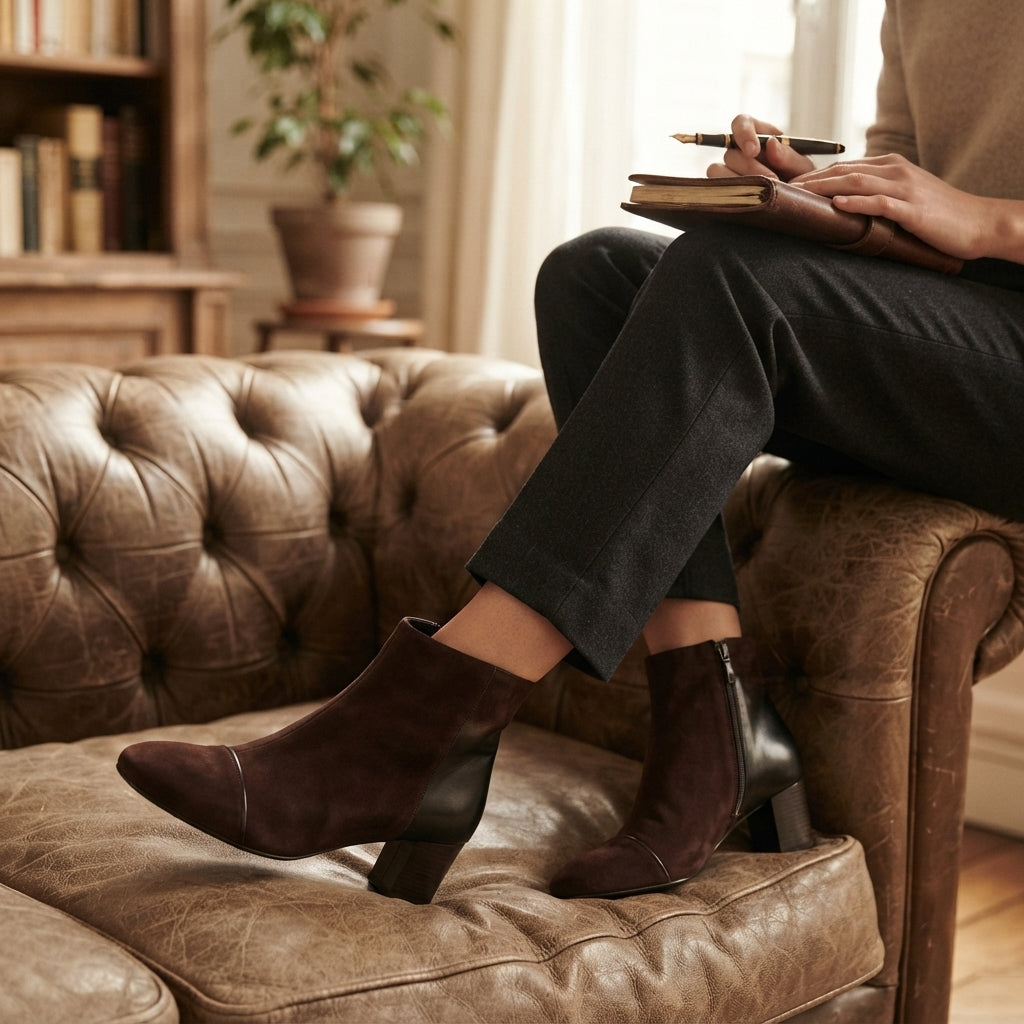 Brown Suede Ankle Boots, Block Heel Cushioned Interior
