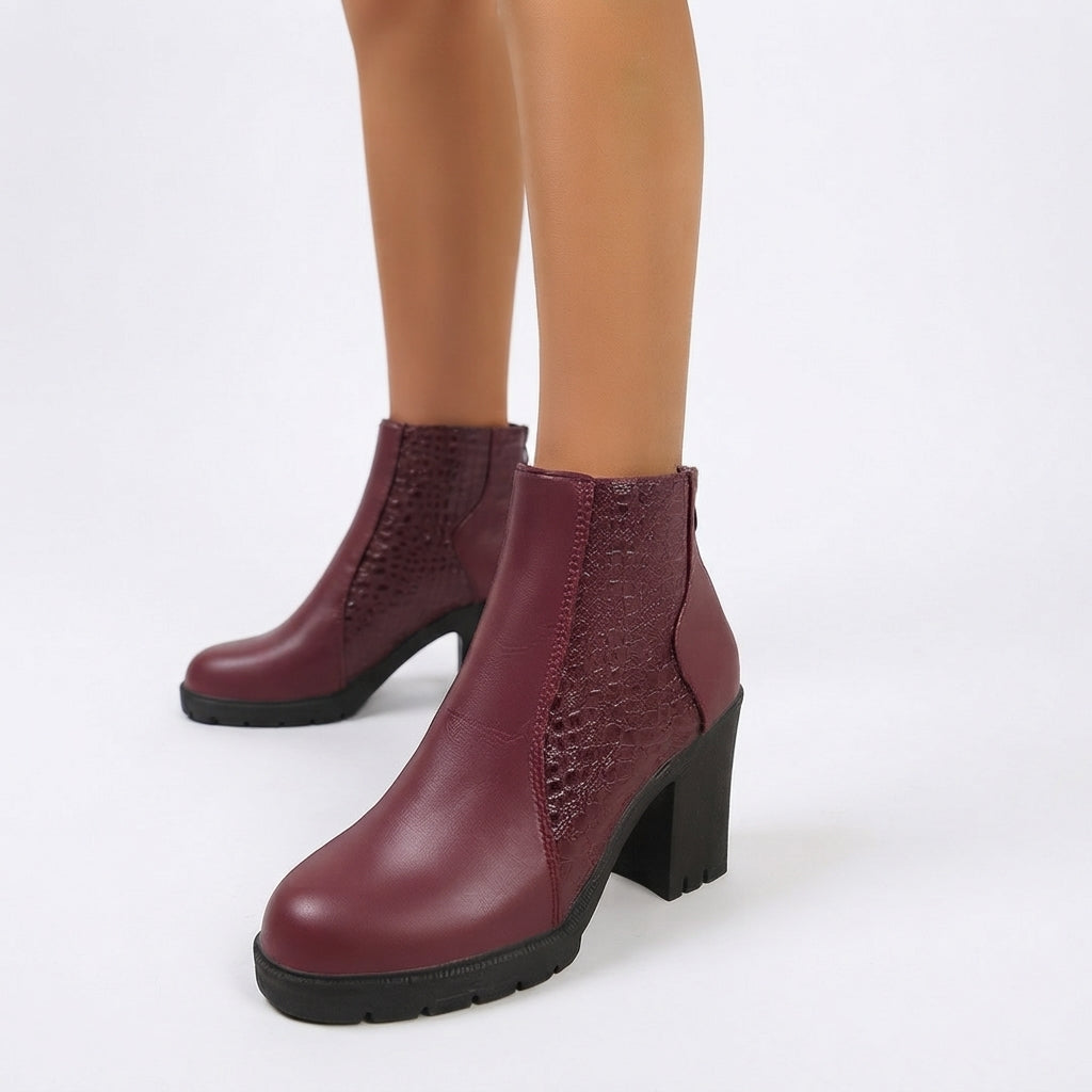 Croc Embossed Ankle Boots, Block Heel and Back Zip
