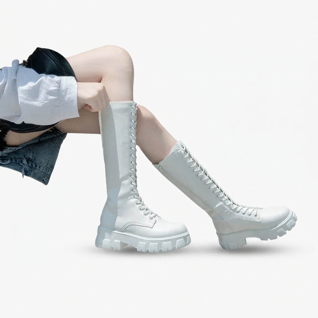 Platform Combat Boots, Knee High Lace Up Chunky Sole