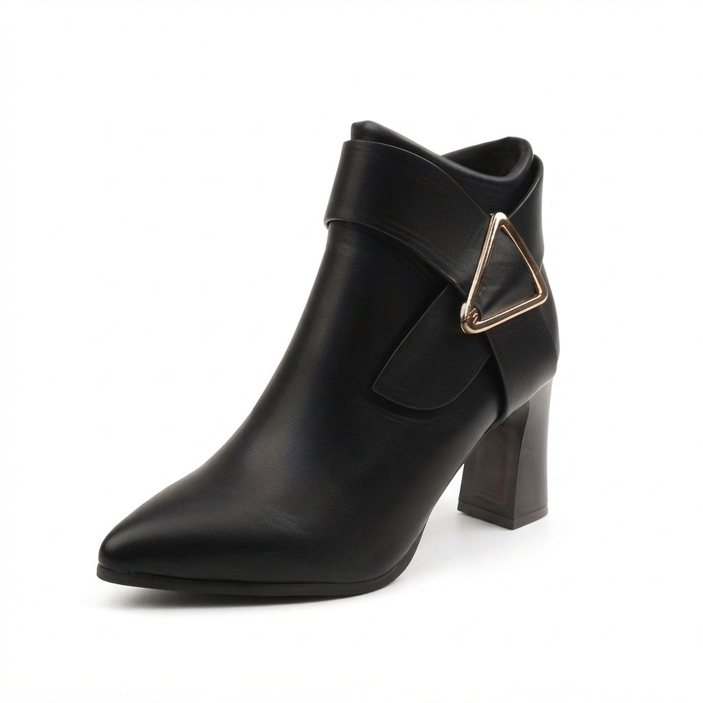Pointed Toe Ankle Boots, Block Heel Side Zip Buckle