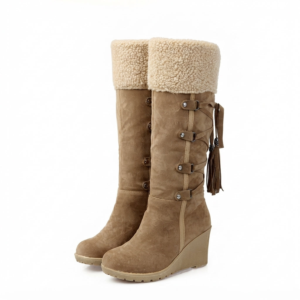 Faux Shearling Knee High Boots, Wedge Platform Sole