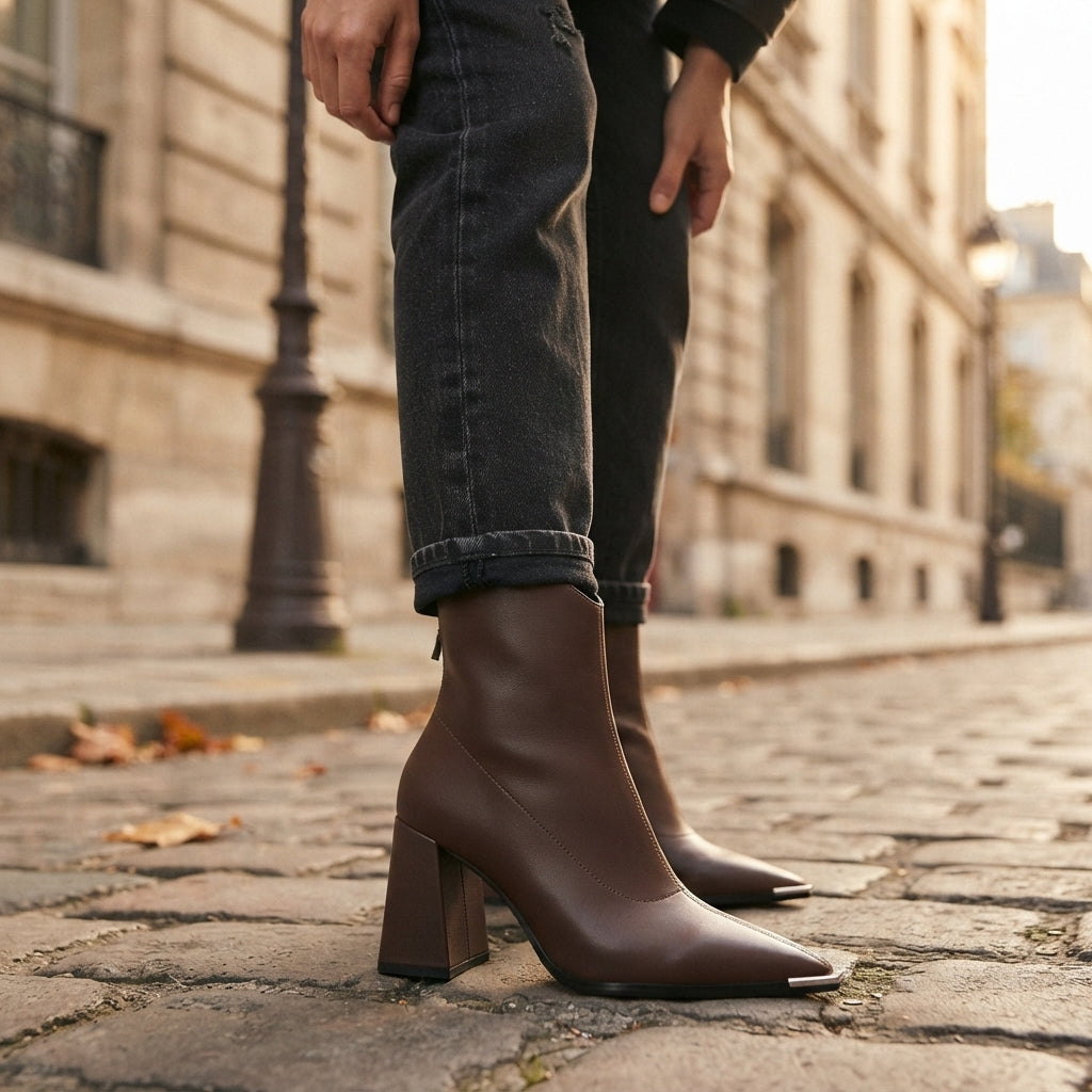 Chrome Tip Ankle Boots, Pointed Toe Block Heel Zip