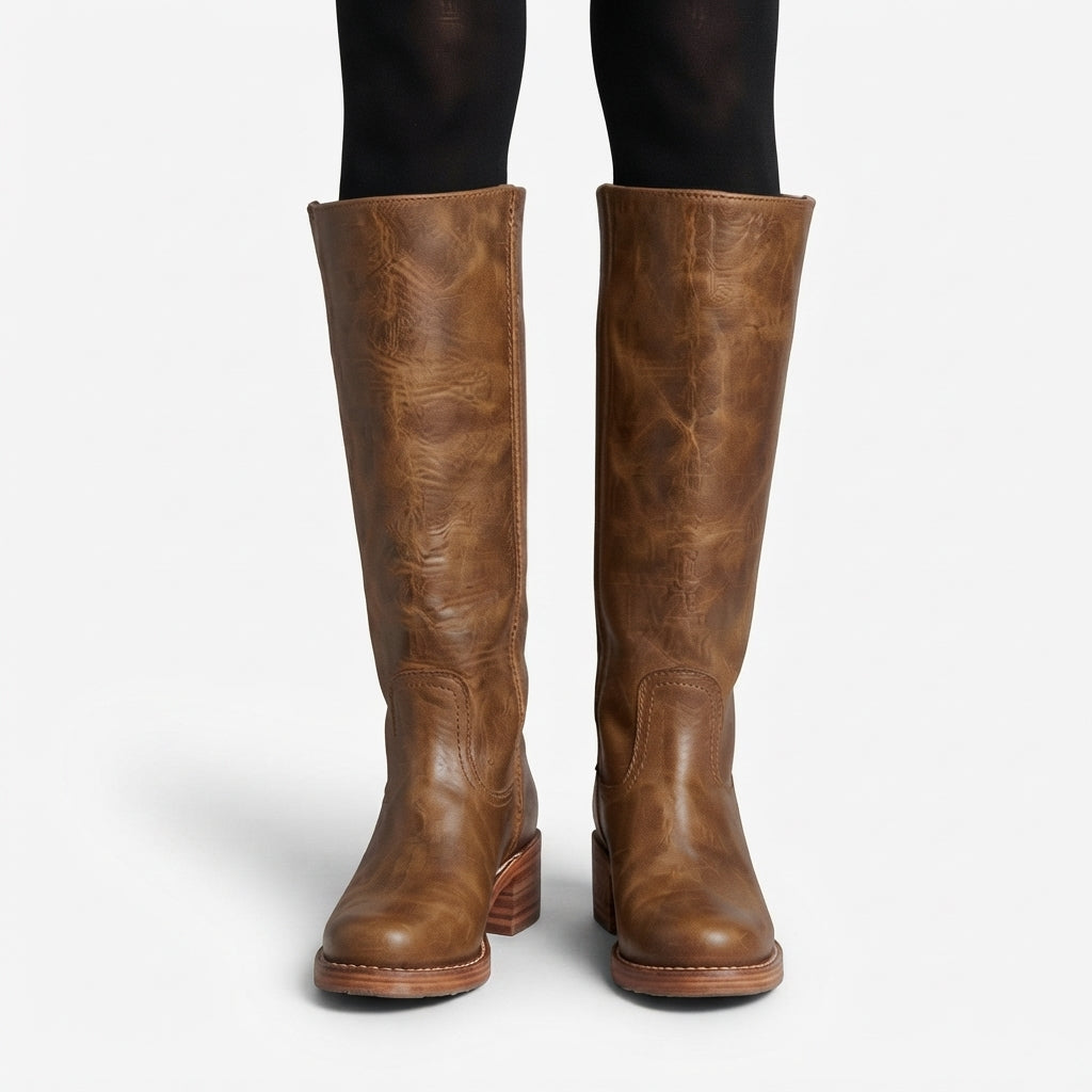 Knee High Leather Boots, Round Toe Supportive Flat Sole