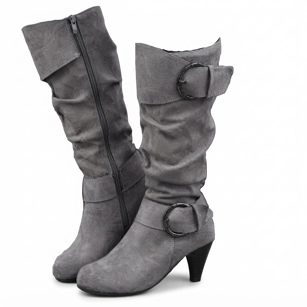 Slouch Knee High Heeled Boots, Buckle Detail Side Zip