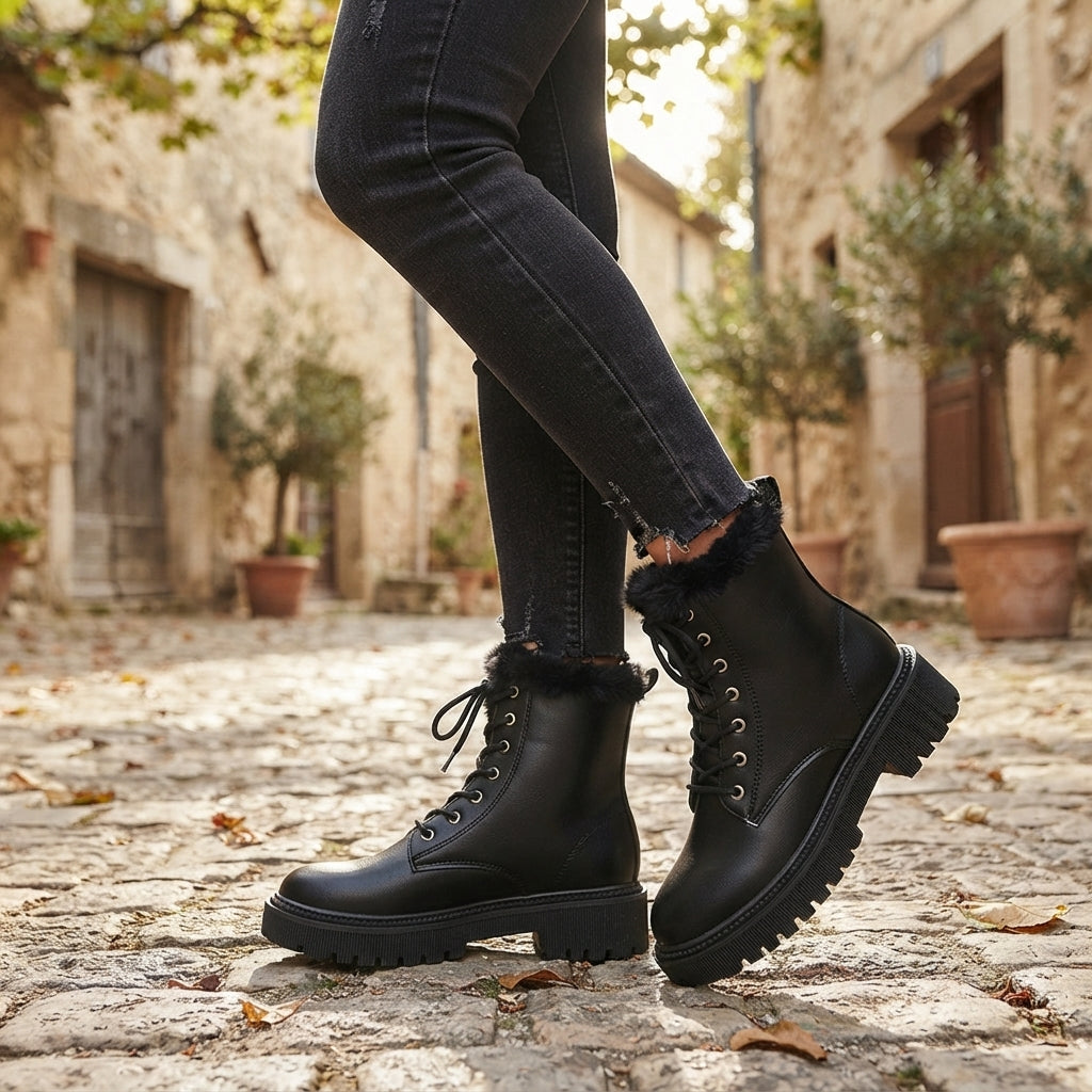 Faux Fur Lined Combat Boots, Lace Up Chunky Lug Sole