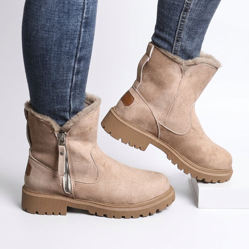 Suede Ankle Boots, Chunky Lug Sole and Fur Trim Cuff
