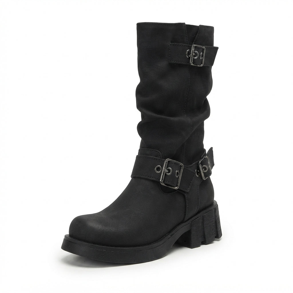 Buckle Strap Biker Boots, Chunky Lug Sole Cushioned