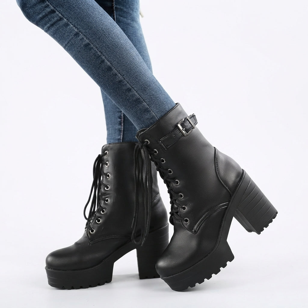 Lace-Up Platform Ankle Boots, Chunky Block Heel Booties