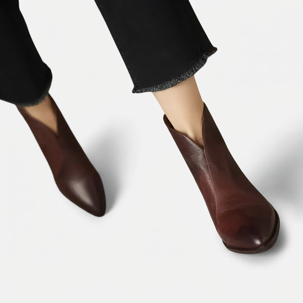 Pointed Toe Leather Ankle Boots, Back Zip Low Heel