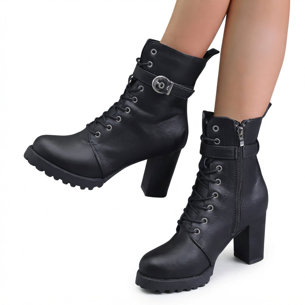 Block Heel Combat Boots, Full Lace-Up with Lug Sole