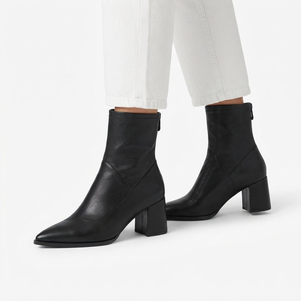 Pointed Toe Heeled Ankle Boots with Rear Zip Closure