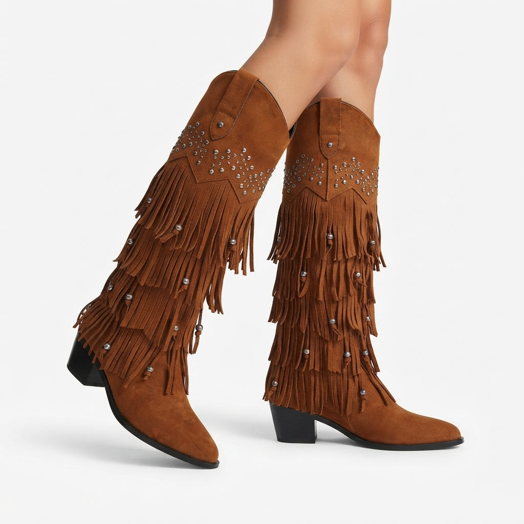 Fringe Knee High Cowboy Boots, Suede Stacked Block Heel