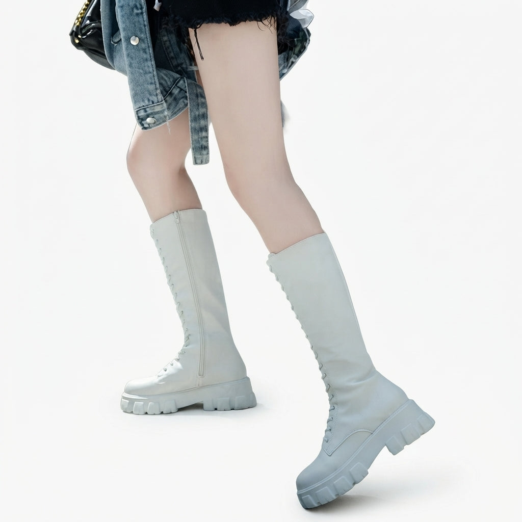 Platform Combat Boots, Knee High Lace Up Chunky Sole