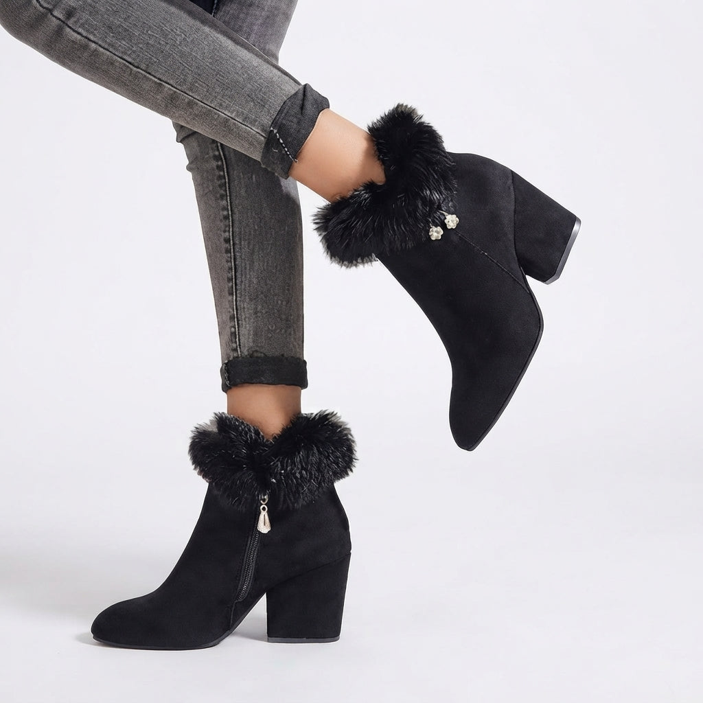 Fur Collar Ankle Boots, Block Heel Zip Up Winter Wear
