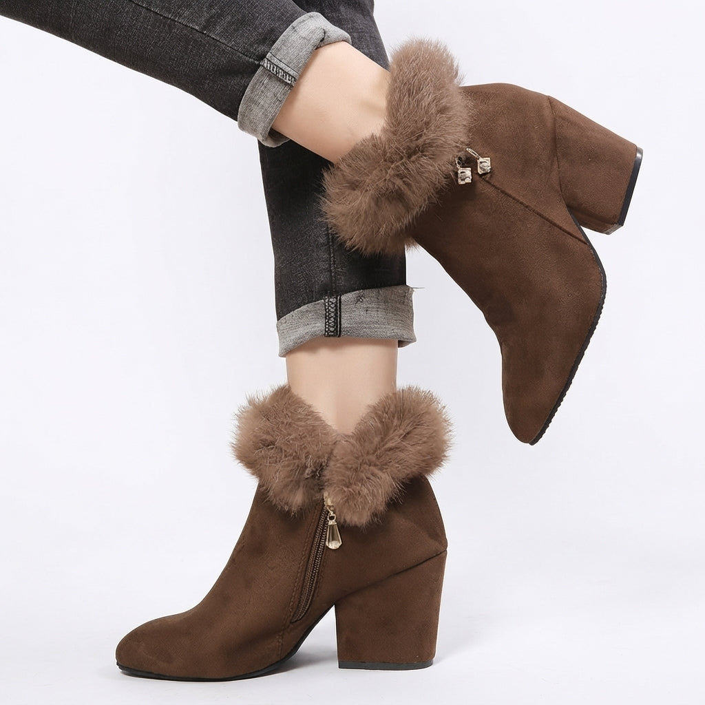Faux Fur Trim Ankle Boots, Block Heel Warm Side Zip