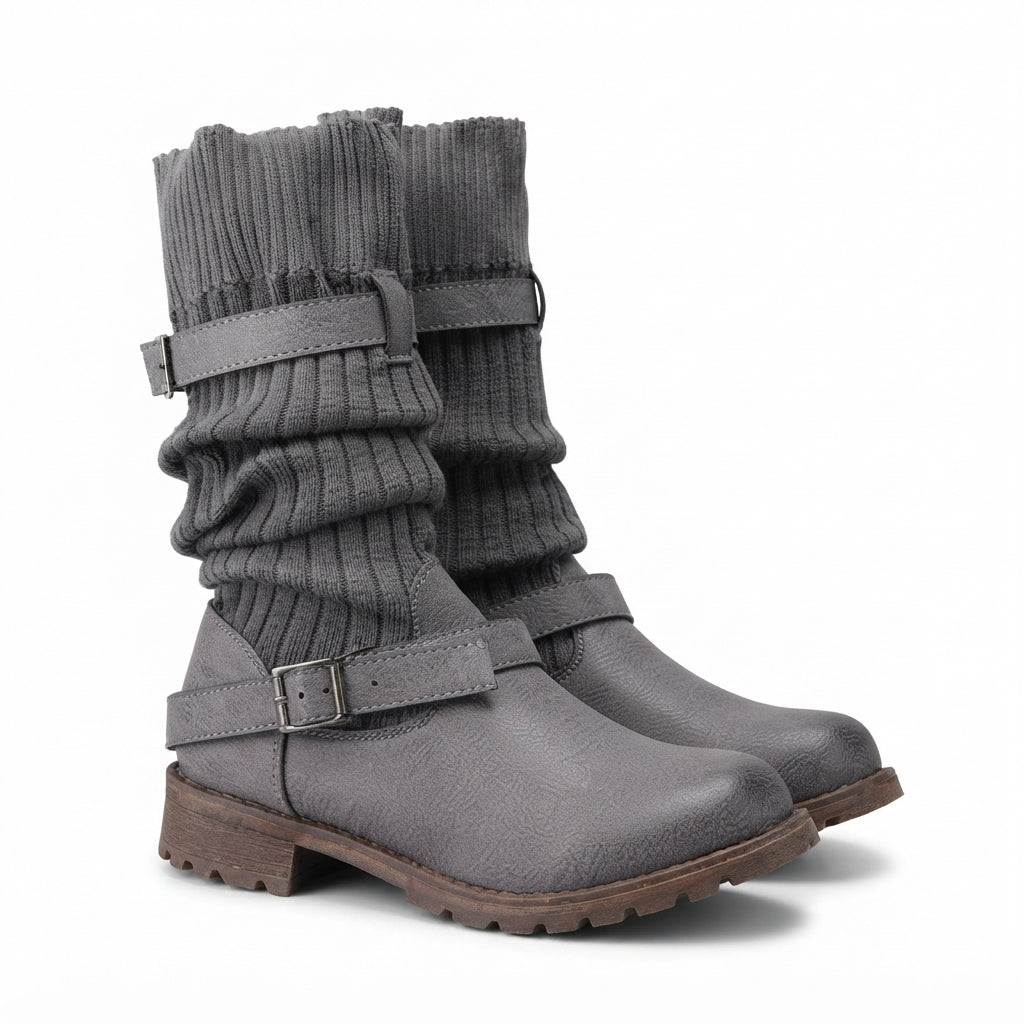 Ribbed Knit Slouch Winter Boots, Chunky Lug Sole Grip