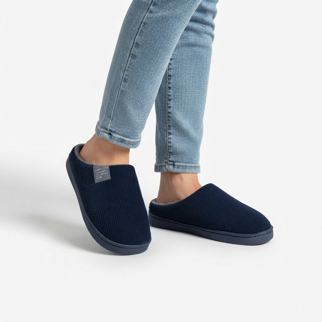 Ribbed Knit Slippers, Fleece Lined Non-Slip Grip Sole