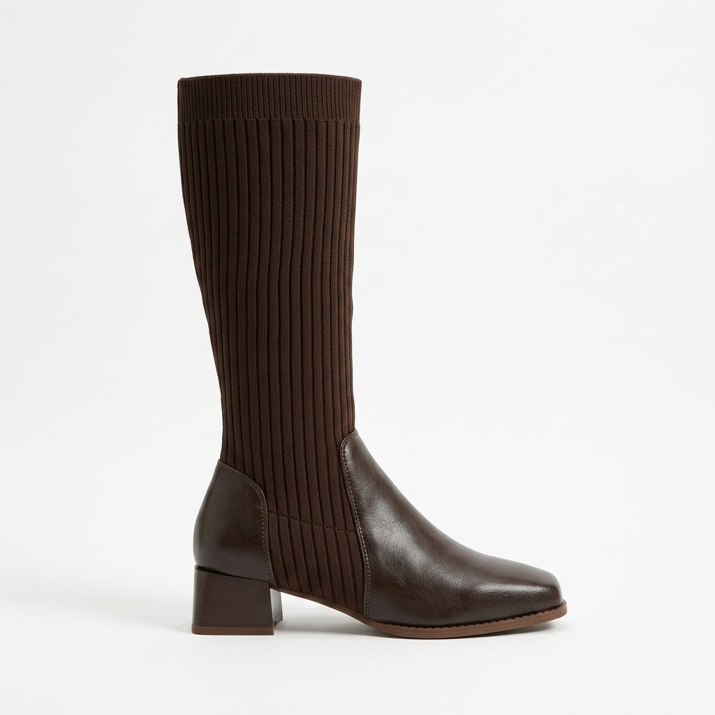 Knee High Sock Boots, Ribbed Knit Shaft Block Heel