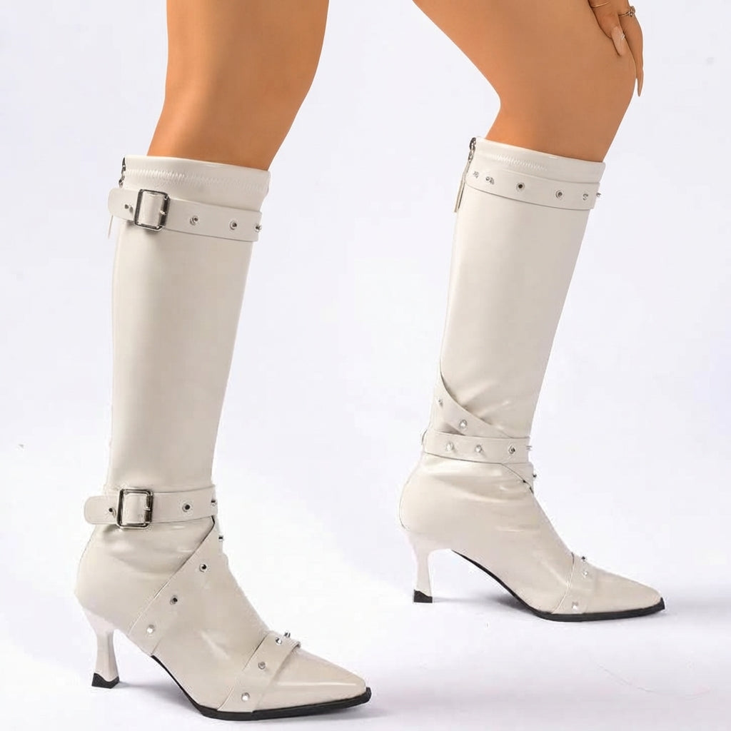 Studded Knee High Heeled Boots, Pointed Toe Buckles