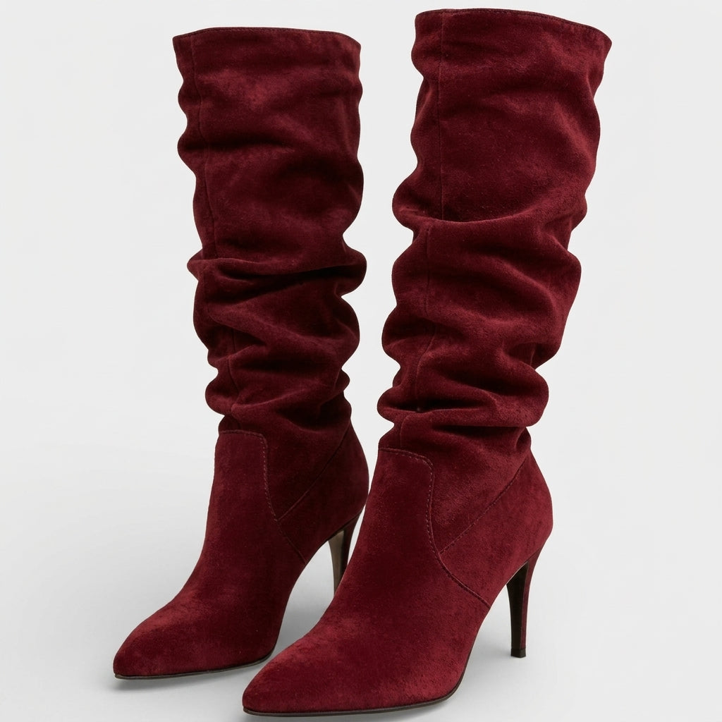 Ruched Suede Knee High Boots, Stiletto Pointed Toe