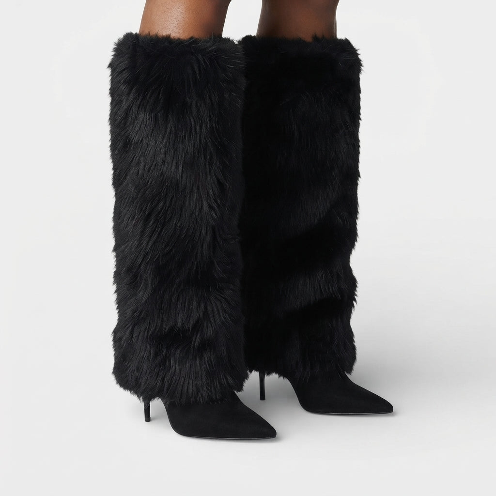 Faux Fur Knee High Boots, Stiletto Heel Pointed Toe