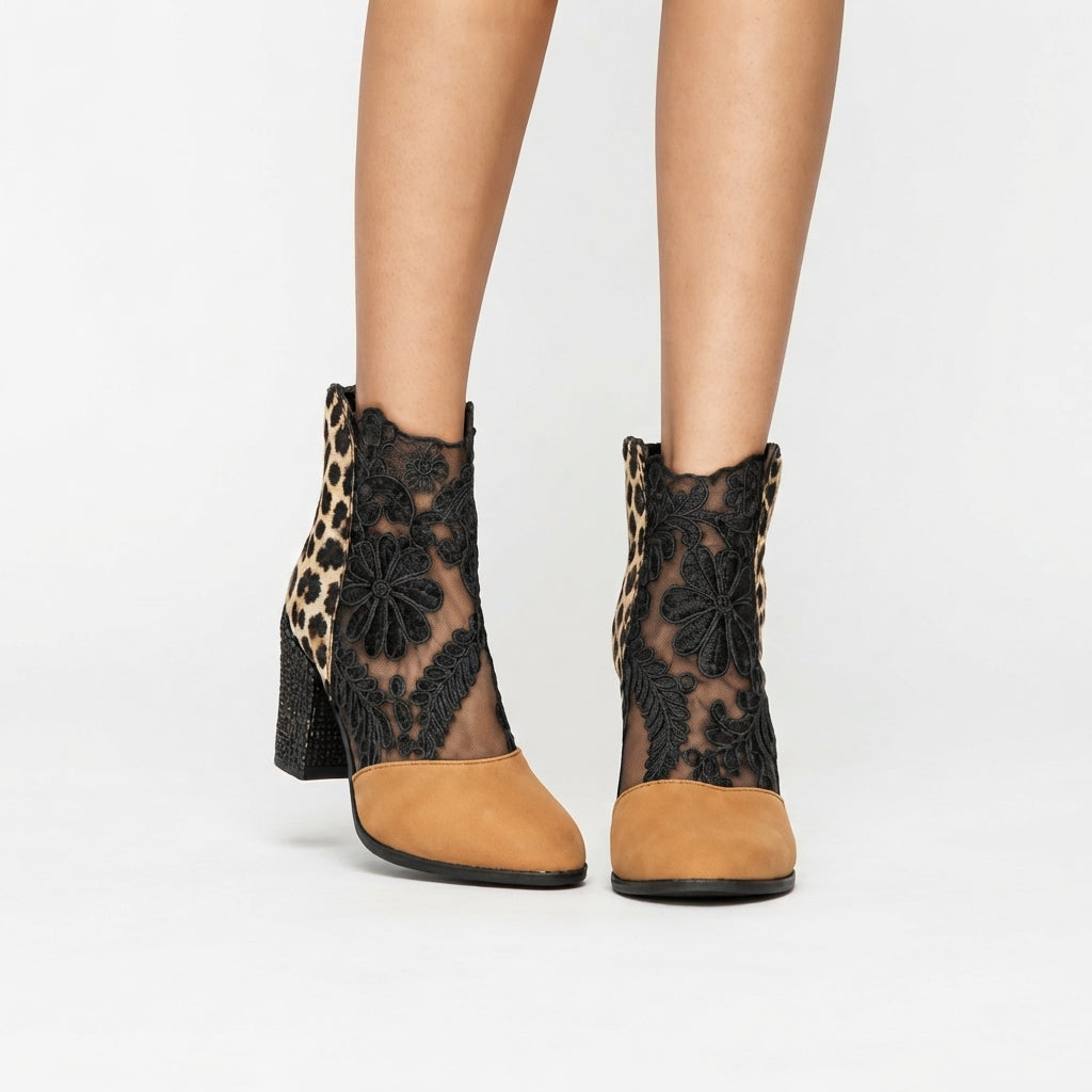 Floral Lace Ankle Boots, Wide Block Heel Padded Insole