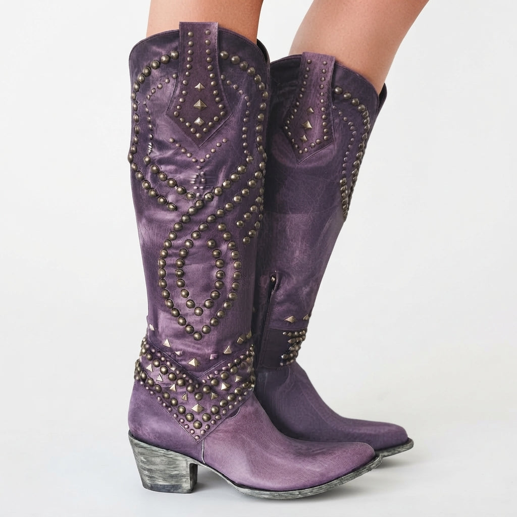 Studded Knee High Cowboy Boots, Leather Pointed Toe