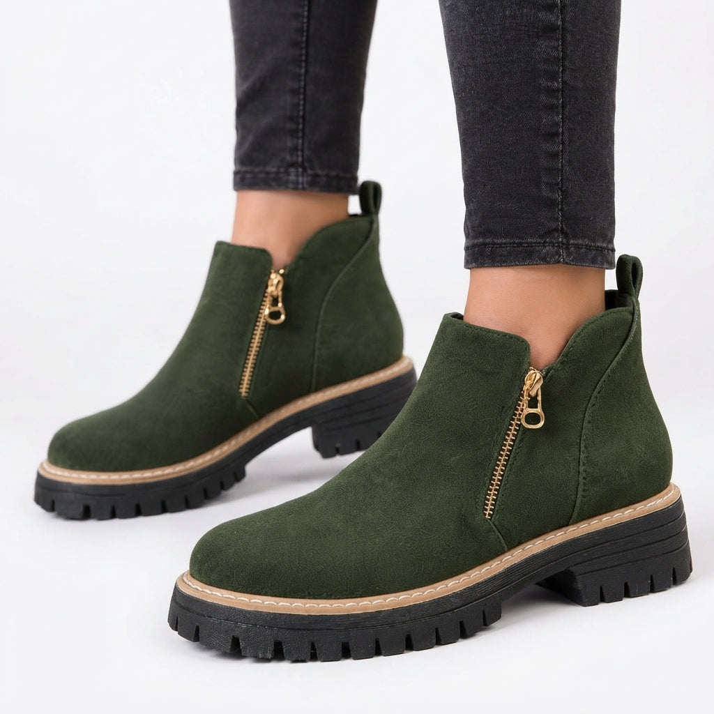 Suede Side Zip Ankle Boots, Chunky Lug Sole Low Heel