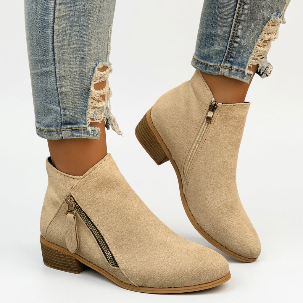 Zip Up Ankle Boots, Low Block Heel and Cushioned Sole